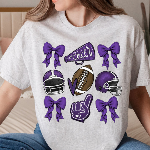 Purple Cheer Bows DTF Heat Transfer, purple cheer bows and football-themed design on a gray T-shirt.