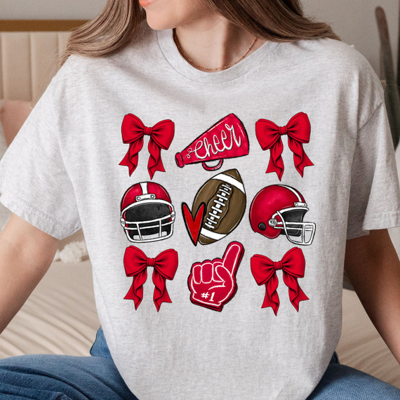 Red Cheer Bows DTF Heat Transfer, graphic design of cheer bows, footballs, helmet, megaphone, hand with the #1 gesture on a t-shirt.