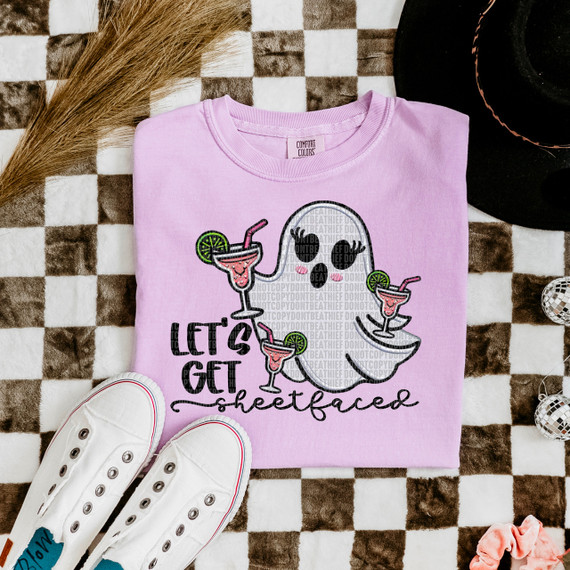 Let's Get Sheetfaced Faux Embroidery DTF Heat Transfer, pink T-shirt with a fun graphic design featuring a ghost holding margarita glasses with lime slices and the text 'Let's Get Sheetfaced'.