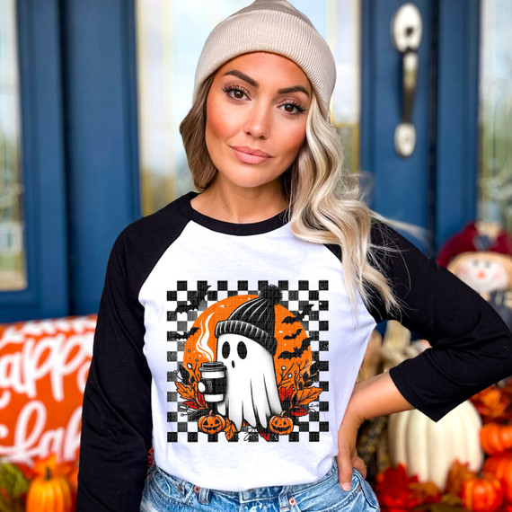 Halloween Ghost DTF Heat Transfer, a spooky ghost wearing a beanie holding a steaming coffee cup with pumpkins and autumn leaves.