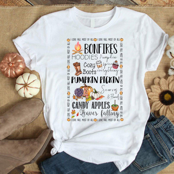 Things to do in fall, sublimation transfer t-shirt with fall-themed design including pumpkins, leaves, and cozy fall activities.
