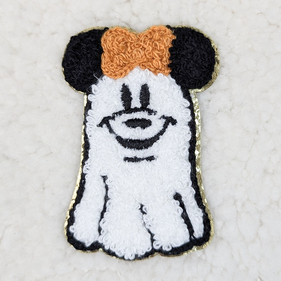 GIRL Mouse Ghost Glitter Chenille HAT/POCKET Patch, a plush embroidered patch featuring a girl's mouse with glitter accents, in a fun and adorable style.