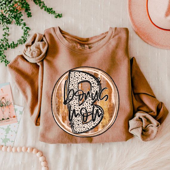 Bonus Mom Fall Brushstrokes DTF Heat Transfer, Etsy design on a peach-colored sweatshirt with fall-themed elements around it.