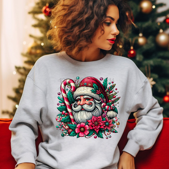 Jolly Santa DTF Heat Transfer, colorful Christmas design featuring Santa Claus with holly, poinsettias, and holiday ornaments on sweatshirt.