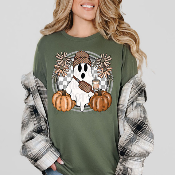 Checkered Fall Ghost DTF Heat Transfer, festive Halloween ghost design with pumpkins, flowers, and coffee cup on an olive green t-shirt.
