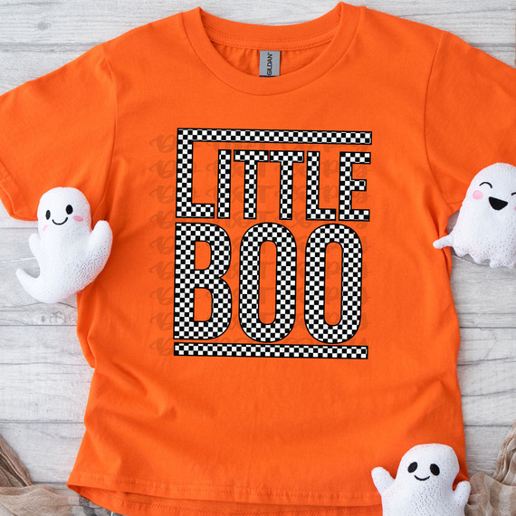 Little Boo Checkered DTF Heat Transfer, orange t-shirt with black and white checkered lettering saying 'LITTLE BOO'