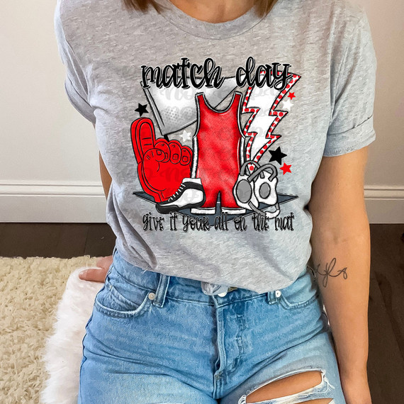 Match Day Give It Your All On The Mat Red/White DTF Heat Transfer t-shirt design featuring a foam finger, wrestling singlet, and wrestling shoes.