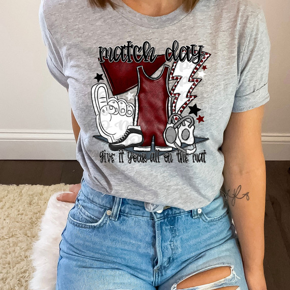 Match Day Give It Your All On The Mat Maroon/White DTF Heat Transfer, printed on a grey t-shirt with graphic design and text.