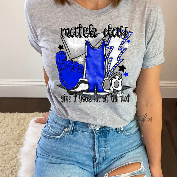 Match Day Give It Your All On The Mat Blue/White DTF Heat Transfer, colorful graphic T-shirt design featuring a foam finger, gymnastics leotard, headphones, and lightning bolts.