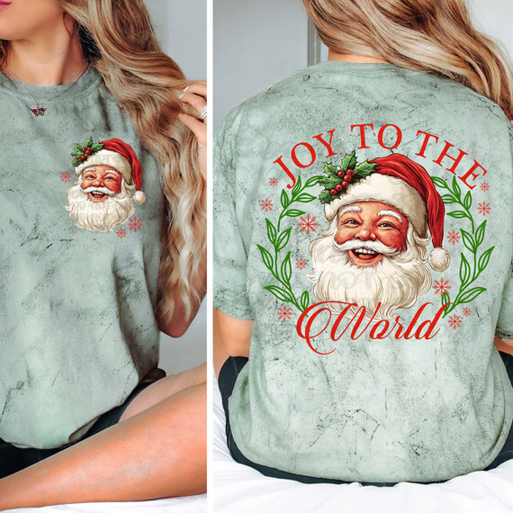 Joy To The World Santa SET DTF Heat Transfer, featuring an image of a cheerful Santa Claus with a holly on his hat, designed for heat transfer on clothing.