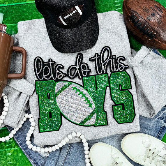 Let's Do This Boys Green/Silver Sequins Patch, football-themed patch on a gray sweatshirt with other sports accessories around.