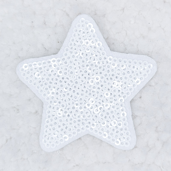 WHITE sequin STAR HAT/POCKET Patch, white star-shaped patch decorated with shiny white sequins.