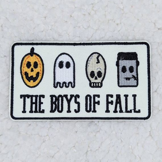 The Boys Of Fall Embroidered HAT/POCKET Patch, Halloween-themed skull, ghost, skull, and Frankenstein face designs with the text The Boys Of Fall.