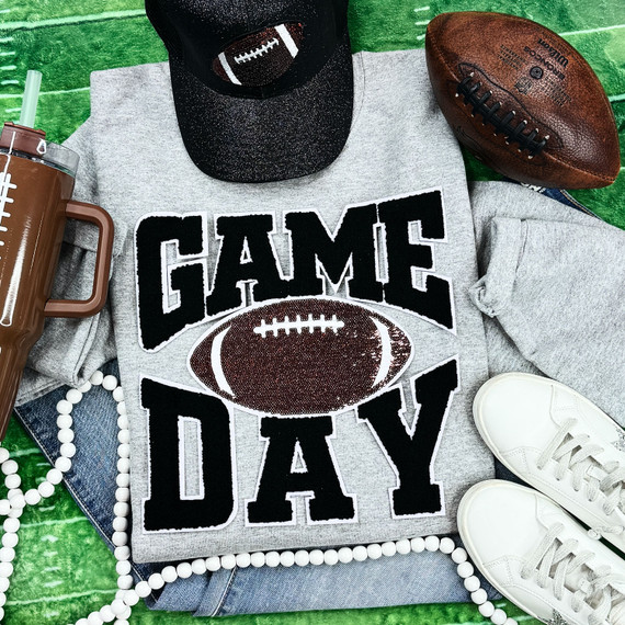 Black Chenille Game Day with Sequin Football Patch