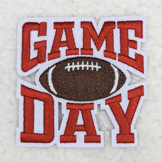 Varsity RED Game Day Embroidered HAT/POCKET Patch, with red text and a football graphic.