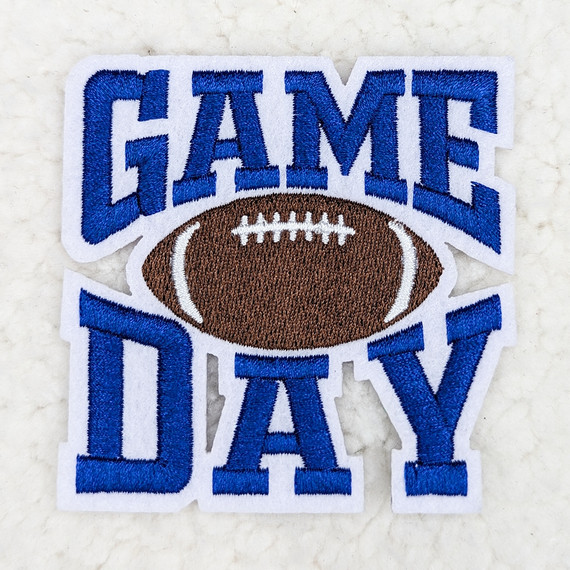 Varsity ROYAL BLUE Game Day Embroidered HAT/POCKET Patch, embroidered patch featuring the words 'Game Day' and a football design in blue, white, and brown colors.