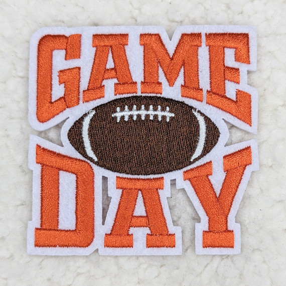 Varsity ORANGE Game Day Embroidered HAT/POCKET Patch, orange and brown embroidered football patch with text 'GAME DAY' and 'Varsity'.