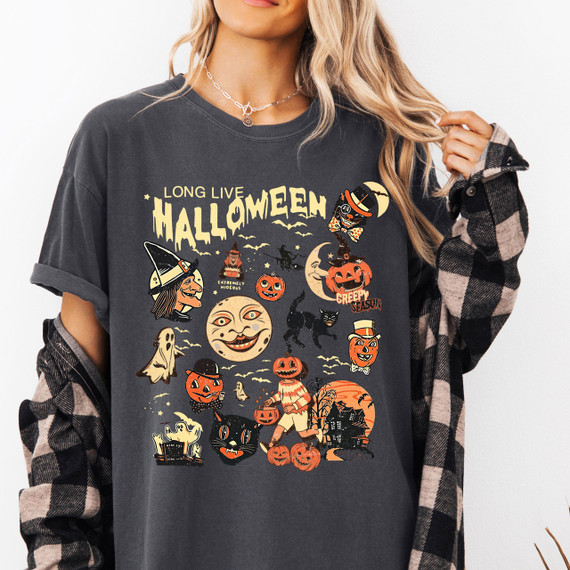 Long Live Halloween Retro DTF Heat Transfer, Halloween-themed graphic T-shirt with spooky and festive illustrations for Halloween celebration.