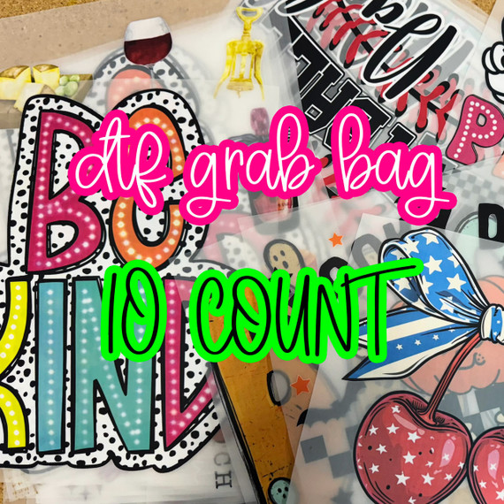 10 COUNT Christmas DTF Heat Transfer Grab Bag, colorful heat transfer vinyl sheets with various holiday designs and patterns for crafting and decorating.