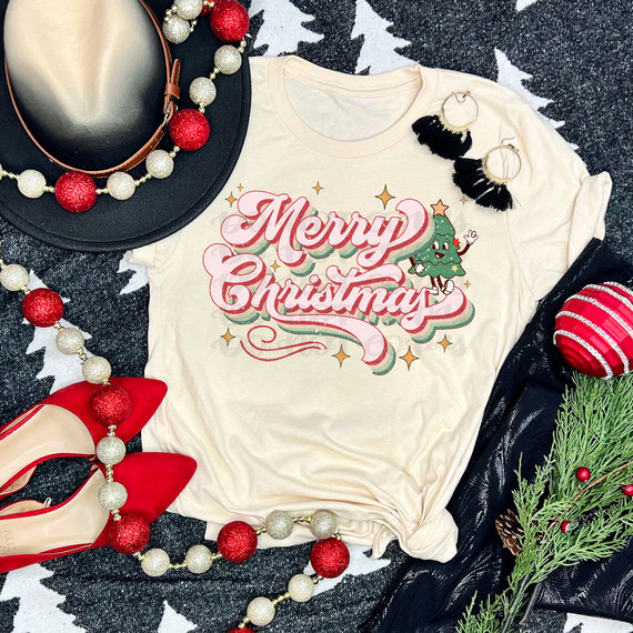 Merry Christmas Retro Christmas Tree DTF Heat Transfer, a festive holiday design on a cream T-shirt featuring a cute Christmas tree and colorful lettering.