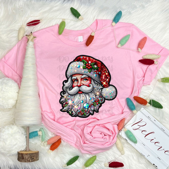 Santa Faux Patch DTF Heat Transfer, colorful and detailed holiday design of Santa Claus with festive decorations on his hat.