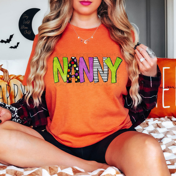 Nanny Halloween Letters DTF Heat Transfer, colorful and spooky design for Halloween decoration on a t-shirt.