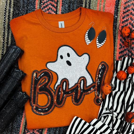 Boo! Ghost Sequin Patch, orange sweatshirt with ghost design and word 'Boo!' featuring black and orange sequins.