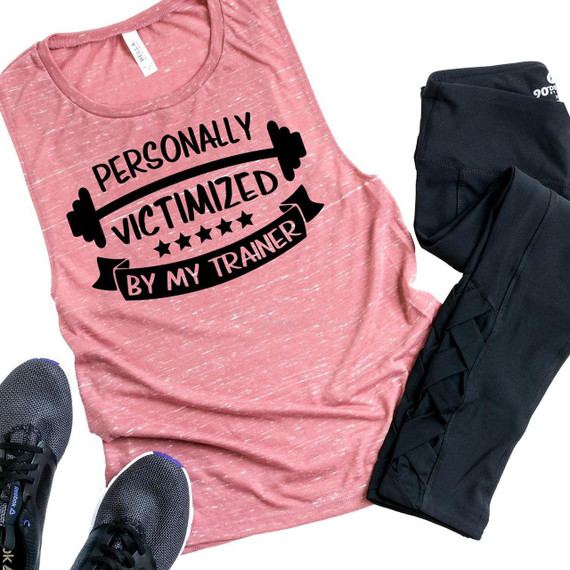 Victimized By My Trainer Sublimation Transfer, pink athletic tank top with motivational fitness slogan and workout icons