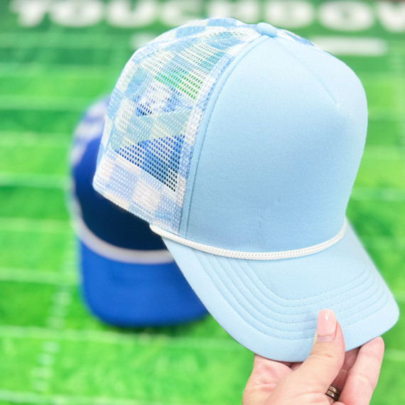 Light Blue & White Checkered Foam Trucker Hat