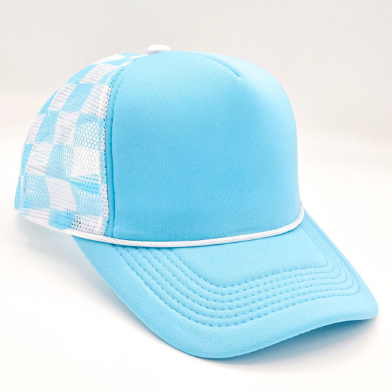 Light Blue & White Checkered Foam Trucker Hat, front view of the stylish mesh back and curved brim design.