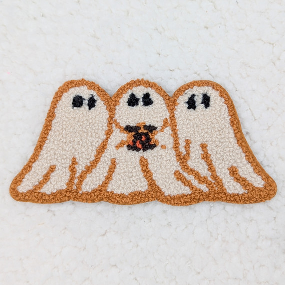 Fall Ghost Trio Chenille HAT/POCKET Patch, embroidered Halloween ghost design on a chenille patch with orange and white colors.
