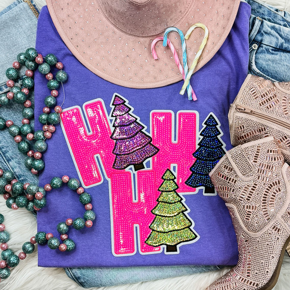 Sequin HoHoHo with Trees Patch, embellished iron-on patches featuring festive Christmas trees with colorful sequins on a purple sweatshirt.