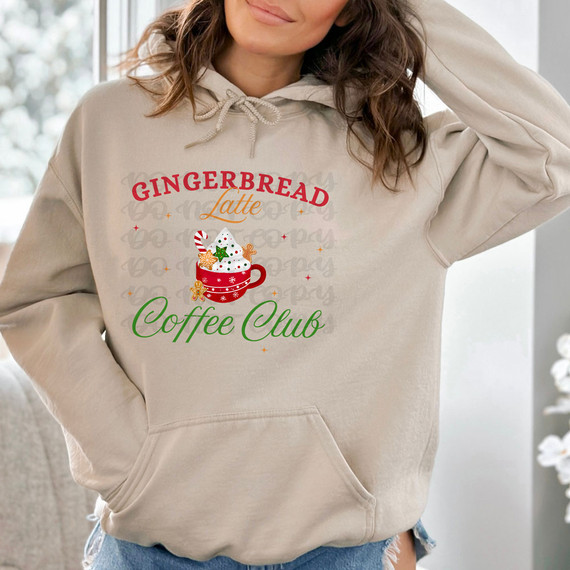 Gingerbread Latte Coffee Club DTF Heat Transfer, festive hoodie with gingerbread latte graphic and colorful text design.
