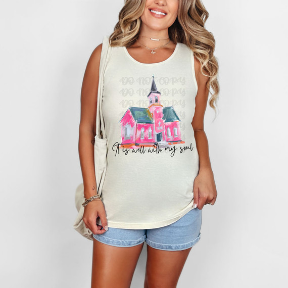 It Is Well With My Soul DTF Heat Transfer, pink and blue church design on a woman's casual sleeveless top.