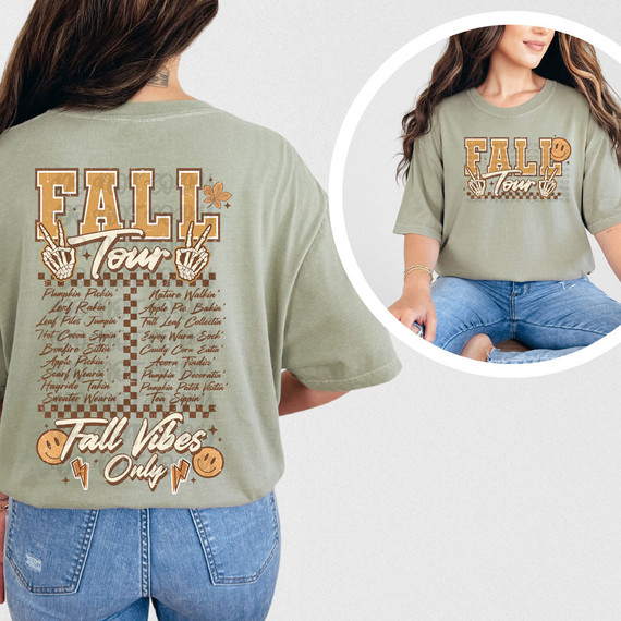 Fall Tour FULL SIZE SET DTF Heat Transfer product, front and back view of a woman wearing a green t-shirt with fall-themed graphic design.