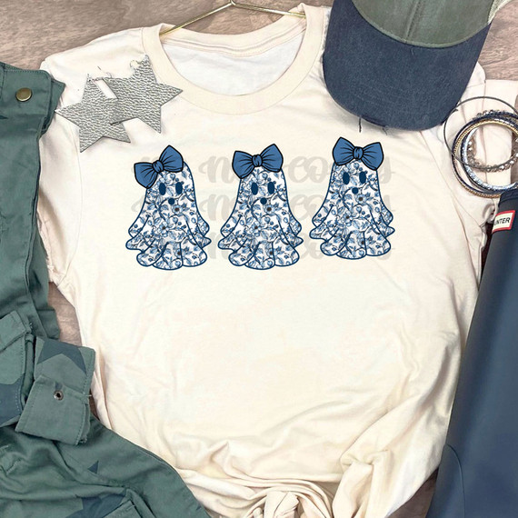 Blue Chinoiserie Ghosts DTF Heat Transfer, intricate blue ghost design with bows on a white T-shirt.