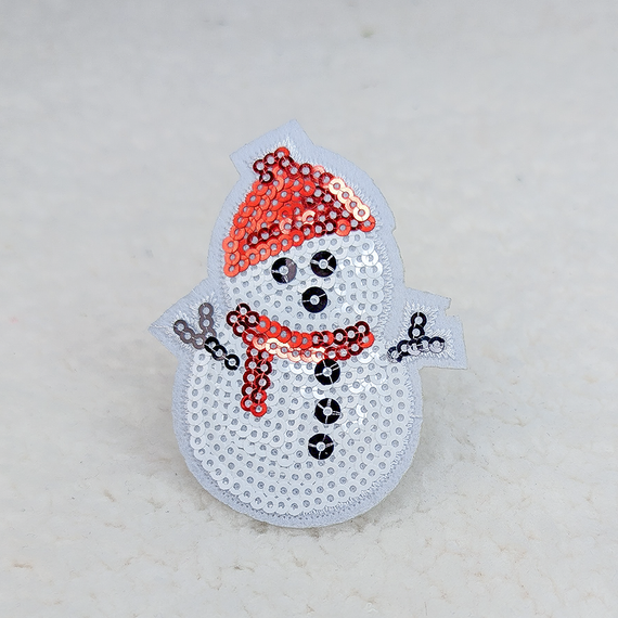 Little Snowman Sequin HAT/POCKET Patch, embroidered snowman with sequins, red scarf, black buttons, and a red Christmas hat, decorative patch for clothing or accessories.