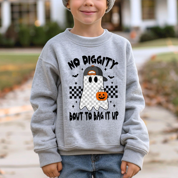 No Diggity Bout To Bag It Up Checkered Ghost DTF Heat Transfer, Halloween-themed design on a child's gray sweatshirt featuring a ghost wearing a baseball cap holding a pumpkin bucket.