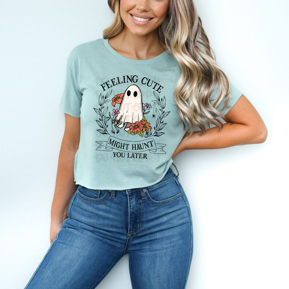 Feeling Cute Might Haunt You Later DTF Heat Transfer, a graphic T-shirt featuring a cute ghost surrounded by floral illustrations.