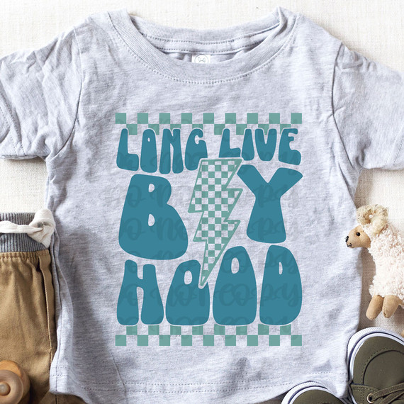 Long Live Boyhood DTF Heat Transfer, graphic design of text and lightning bolt pattern on a grey T-shirt.