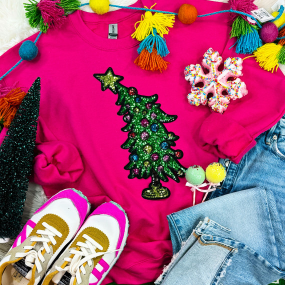 Sequin Colorful Tree Patch, vibrant green sequin decorated Christmas tree patch with multicolored ornaments and star on top.