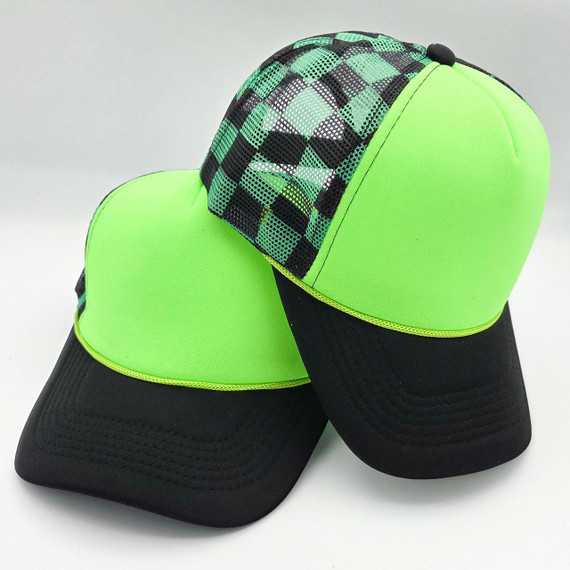 Neon Green & Black Checkered Foam Trucker Hat, a brightly colored adjustable baseball cap with a checkered mesh pattern on the front panel.