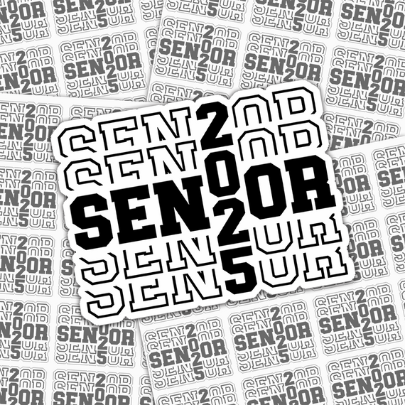 Senior 2025 Stacked Sticker Sheet, a sheet of stickers with 'Senior 2025' in various bold, black and white font styles.