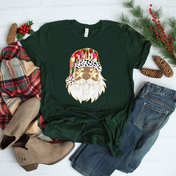 Dark Skin Brushstroke Santa DTF Heat Transfer, Christmas themed printable design of Santa with a brushstroke style on a dark skin tone, for t-shirts and apparel.