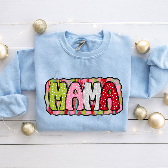 Mama Holiday Brushstrokes DTF Heat Transfer, colorful painted design on light blue sweatshirt.