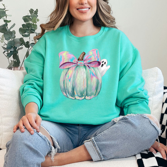 Iridescent Peeking Ghost Pumpkin DTF Heat Transfer, holographic pumpkin with a bow and ghost peeking from behind.