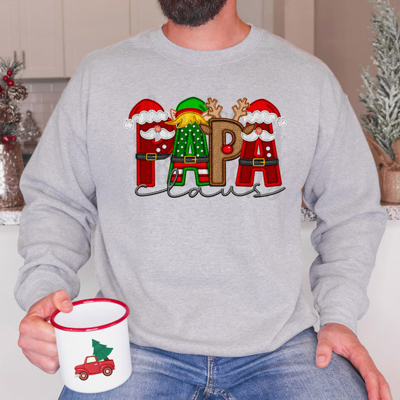 Papa Claus Faux Embroidery DTF Heat Transfer, festive Christmas sweatshirt with holiday-themed embroidery design
