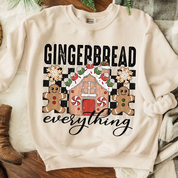 Gingerbread Everything DTF Heat Transfer, holiday-themed sweatshirt with gingerbread cookies, candy canes, snowflakes and a gingerbread house design for festive Christmas decorating.