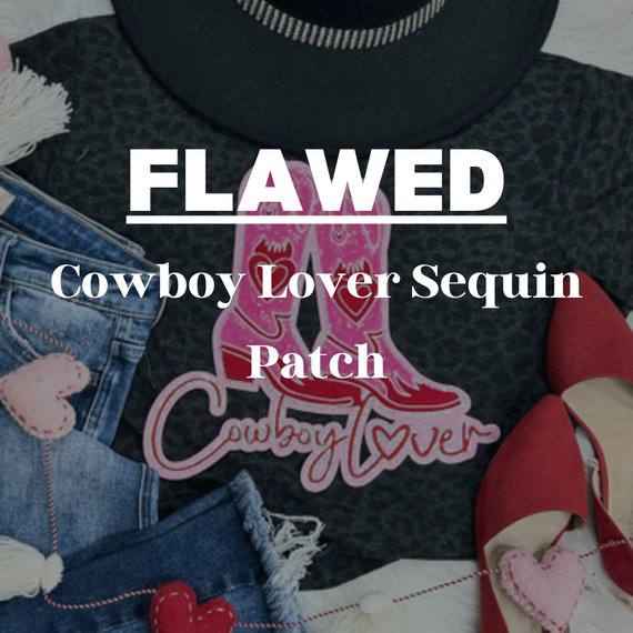 Flawed Cowboy Lover Sequin Patch, up-close view of a pink and red cowboy boots design with embroidered heart details, on a black textured fabric background.
