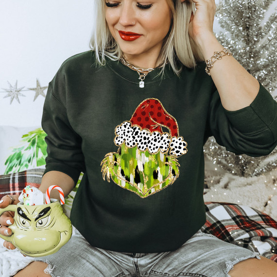 Mean Guy Brushstroke DTF Heat Transfer, woman wearing Christmas sweater with a cactus design wearing a Santa hat.